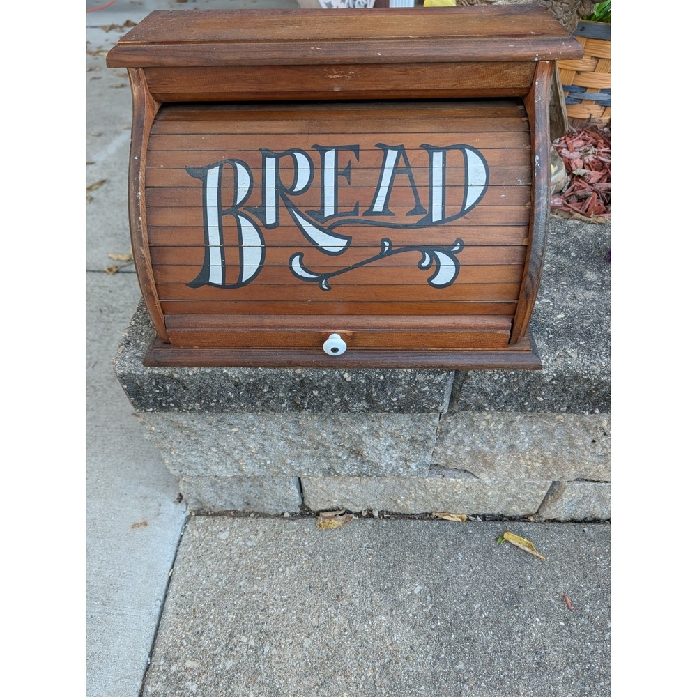 Vintage Roll Top BREAD BOX Storage Primitive Rustic Farmhouse Wooden Wood